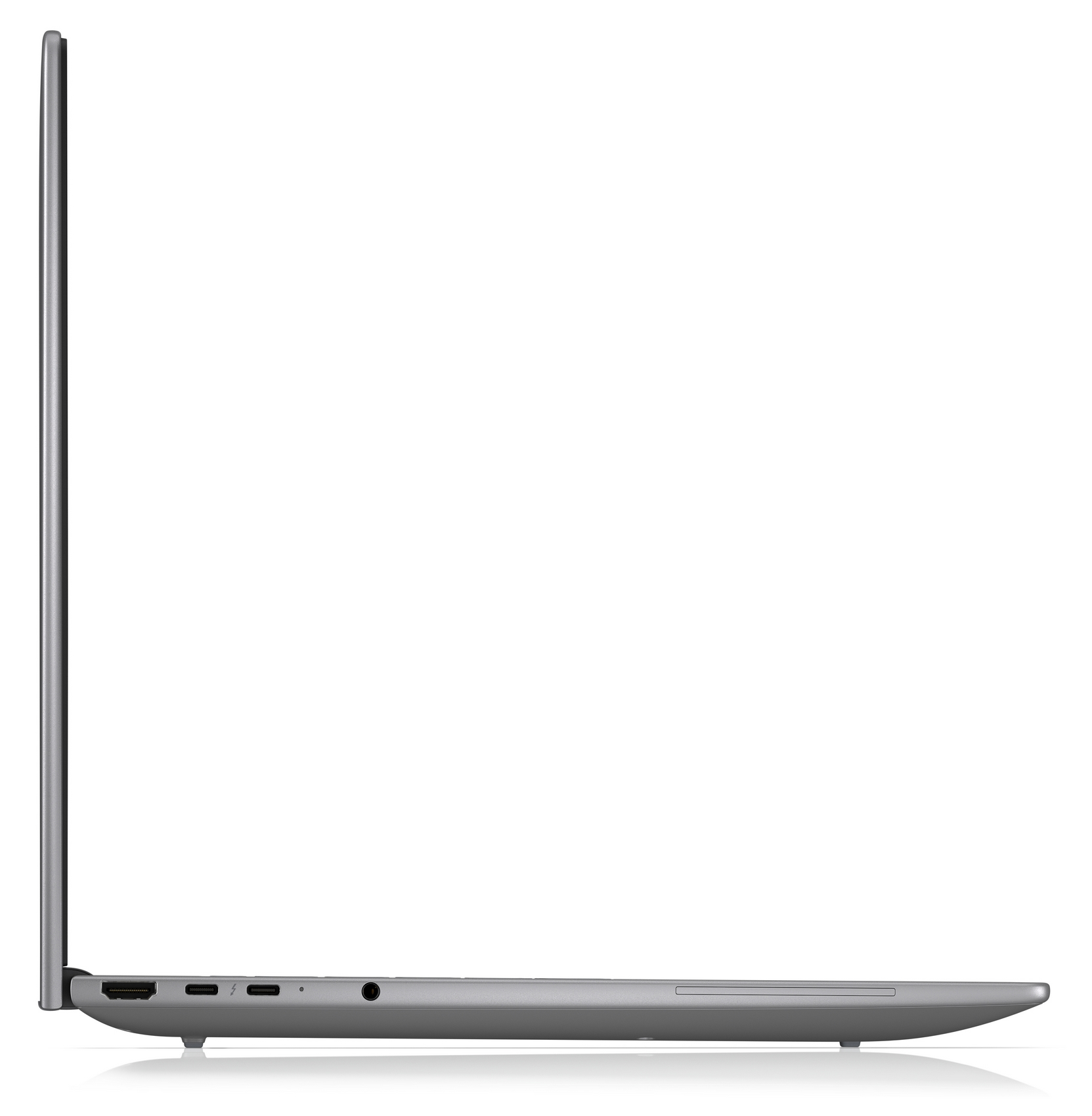 Laptop grigio di profilo con porte sul lato sinistro.