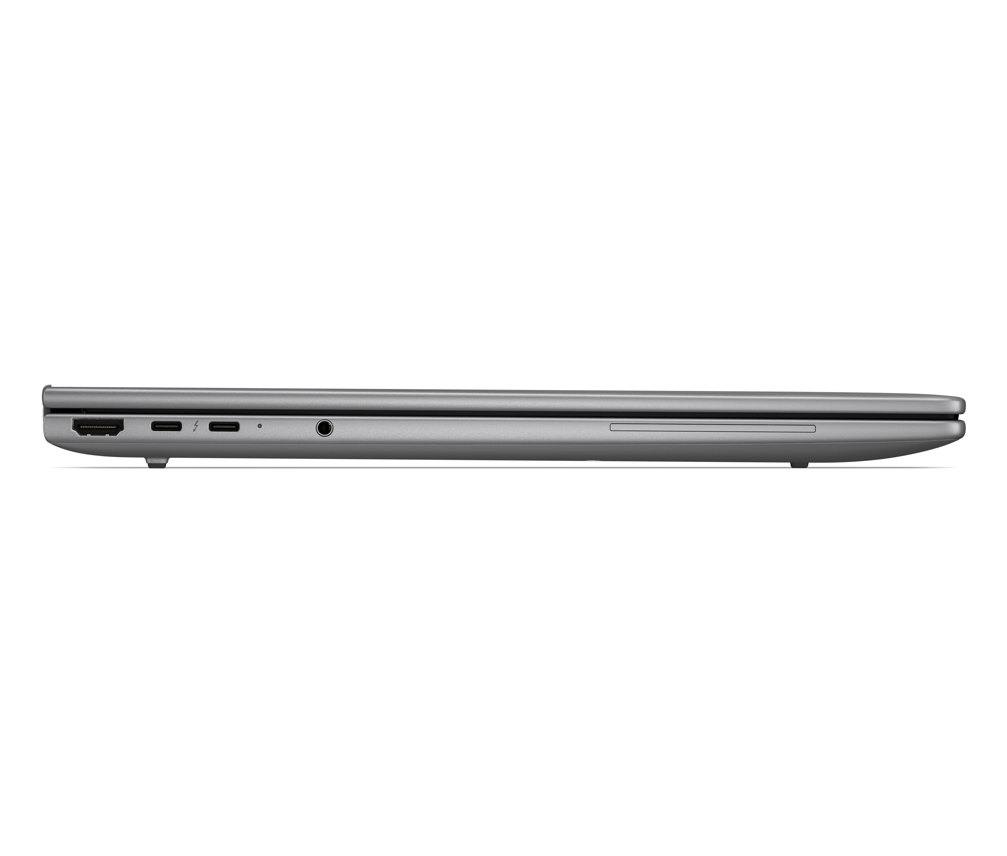 Laptop grigio con porte: HDMI, 2x USB-C/Thunderbolt, jack cuffie.