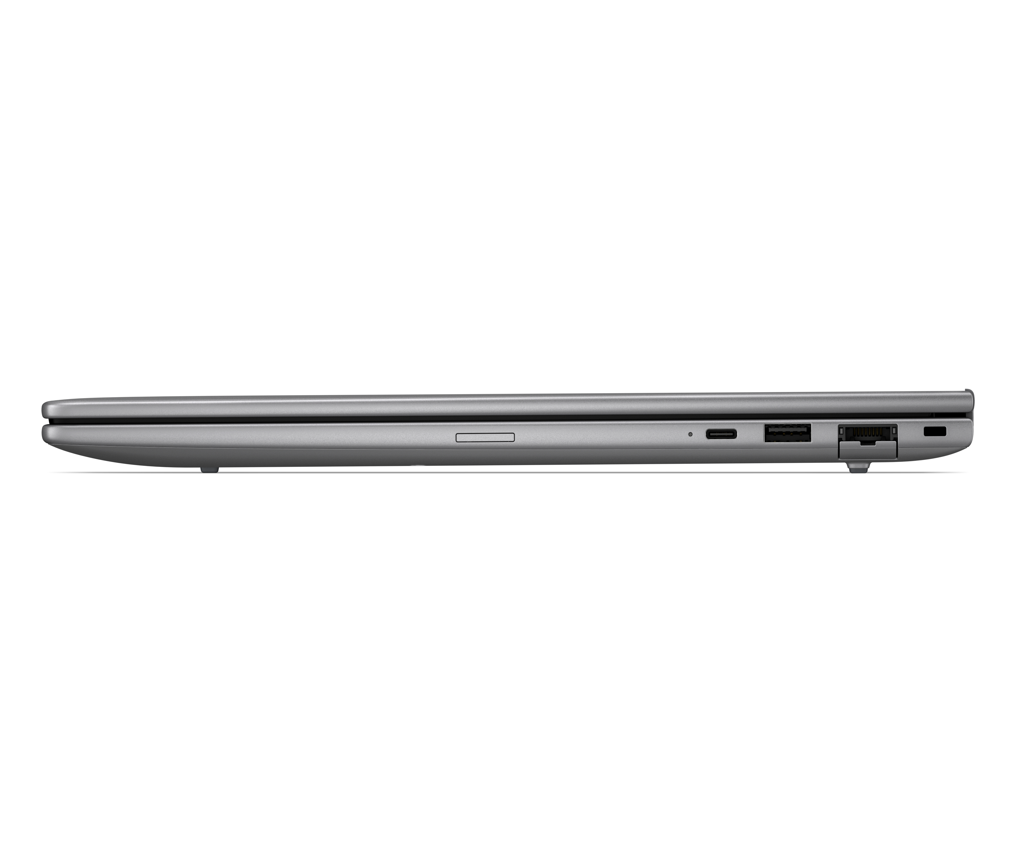 Profilo laptop grigio con porte: USB-C, USB-A e Ethernet.