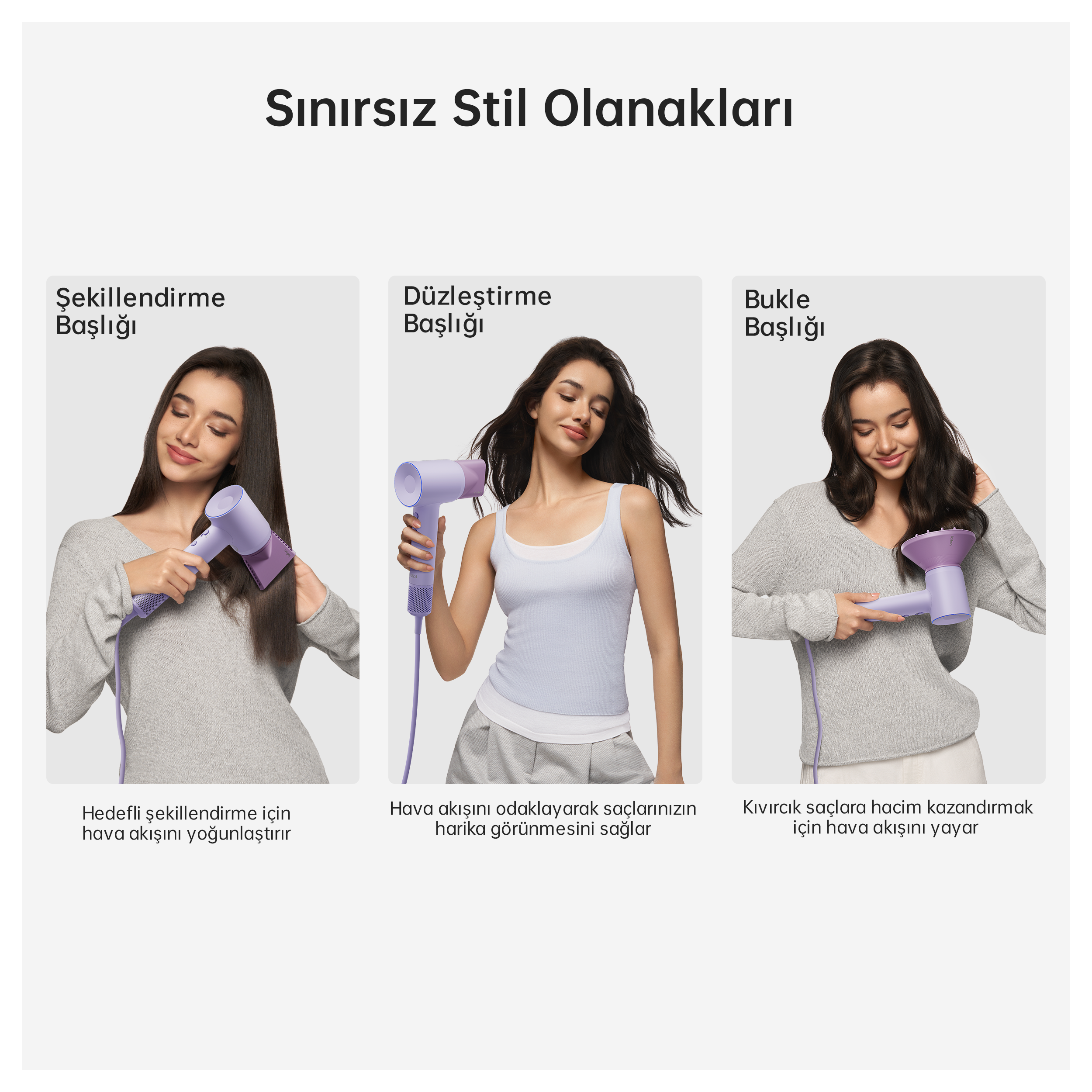 Drei Frauen mit Haartrocknern: Formen, Glätten und Locken.