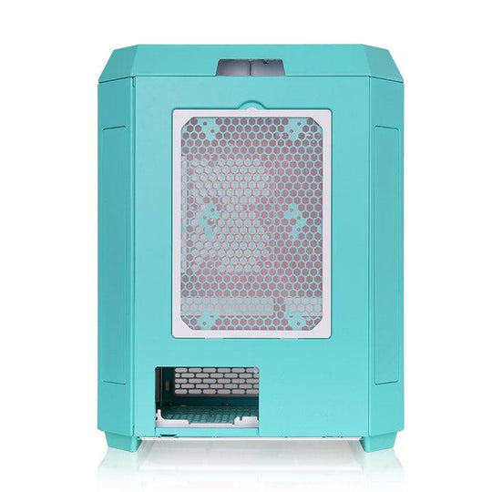 Un case per computer turchese con griglia a ventola esagonale sul retro.