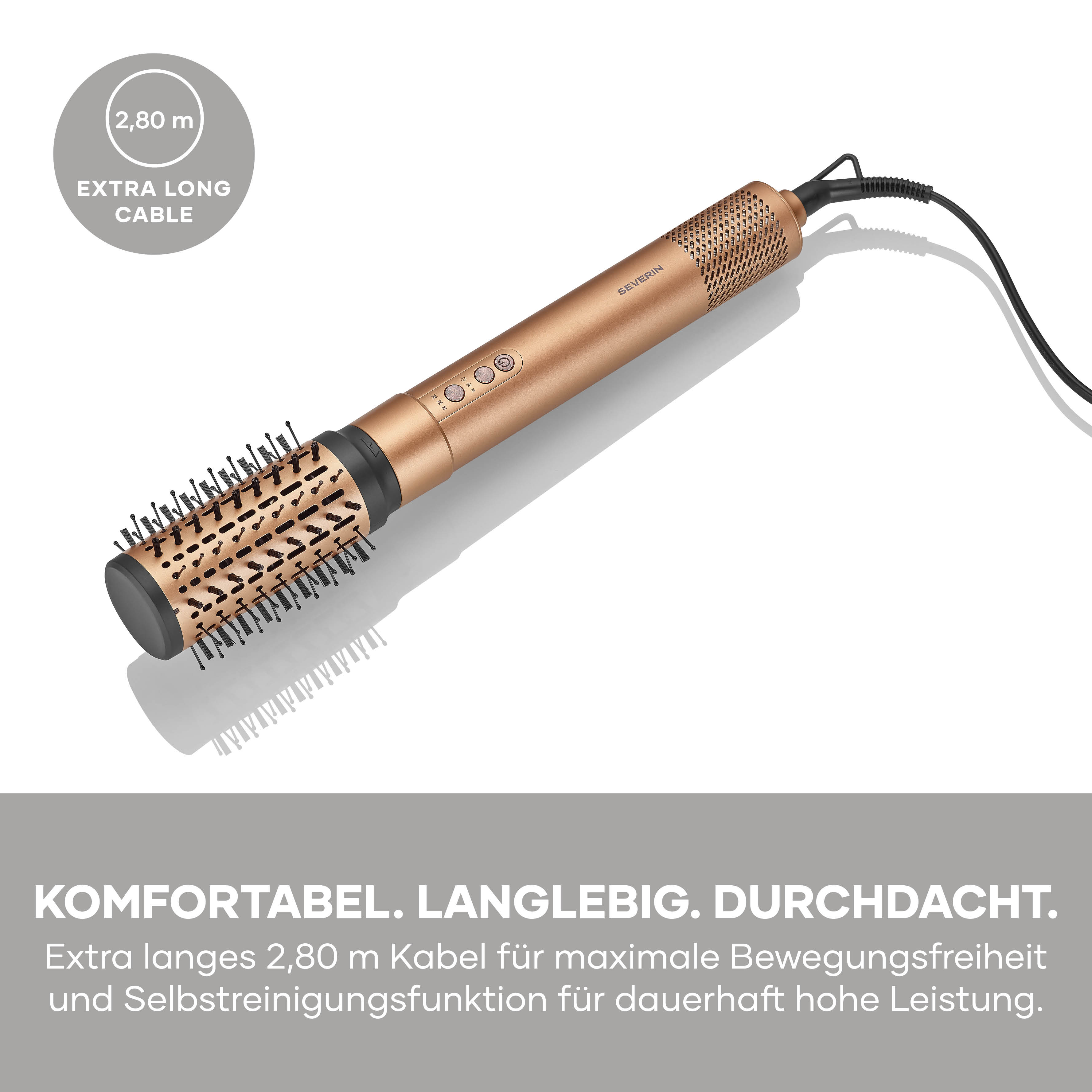 Ein goldener Rotations-Haartrockner mit langer Kabelaufwicklung und Borsten.