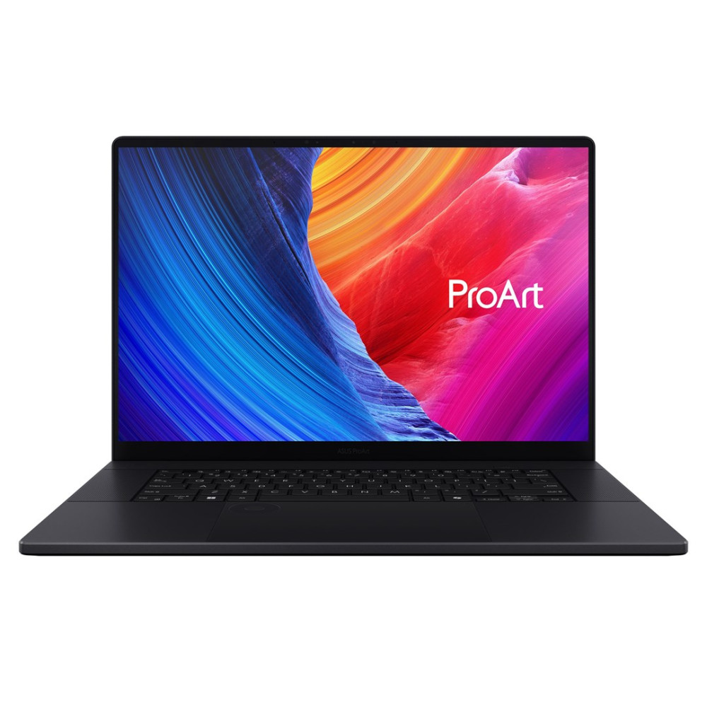 Czarny laptop z kolorowym, abstrakcyjnym tłem na ekranie.