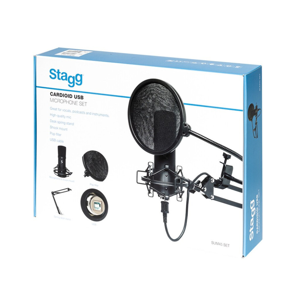 Zestaw mikrofonowy Stagg Cardioid USB z akcesoriami na opakowaniu kartonowym.
