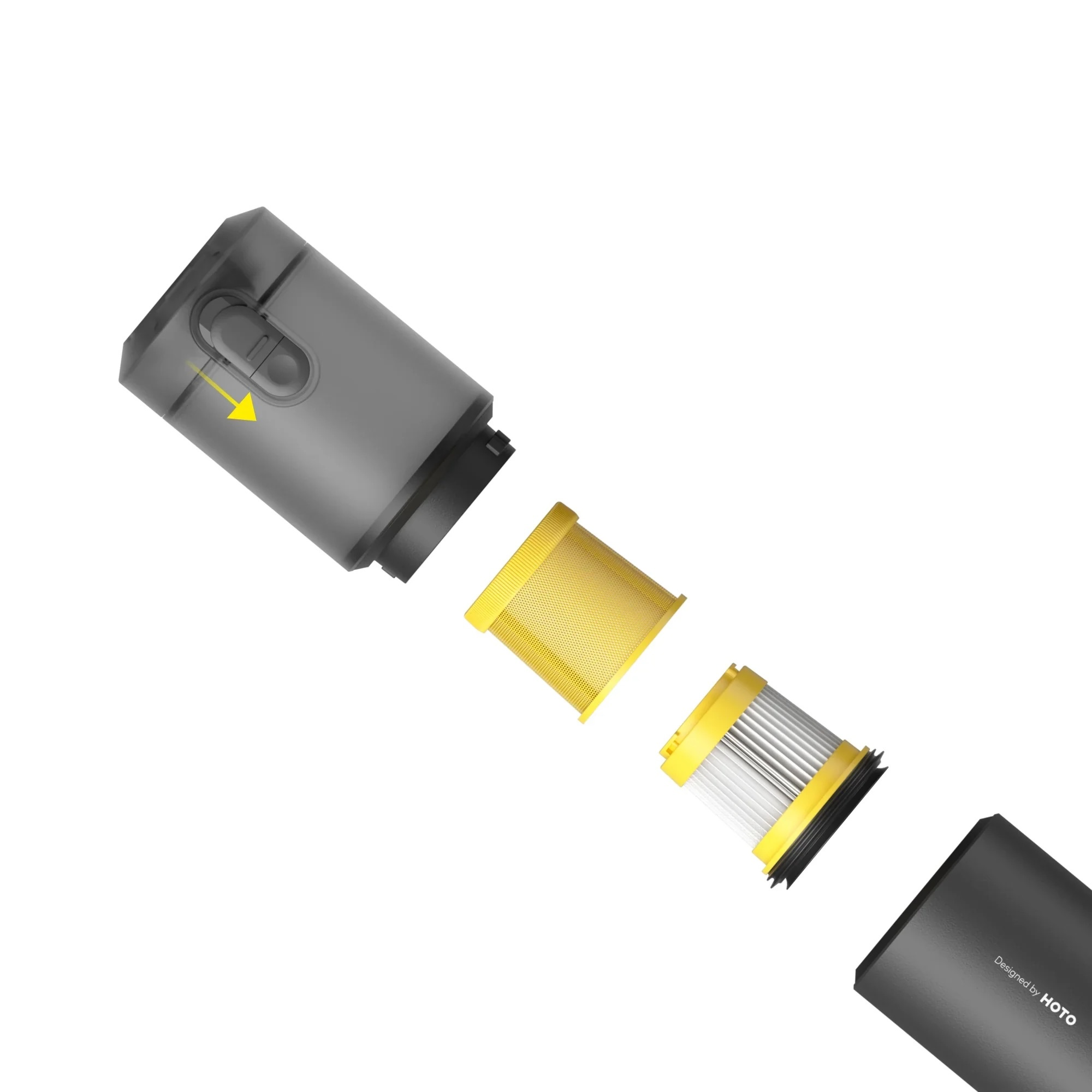 Szary element odkurzacza z rozłożonymi żółtymi filtrami.