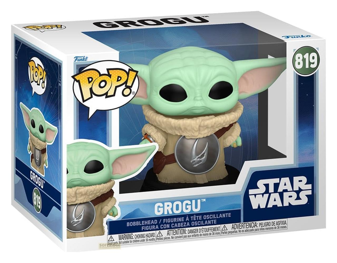 Una figura Funko Pop! de Grogu de Star Wars en su caja.