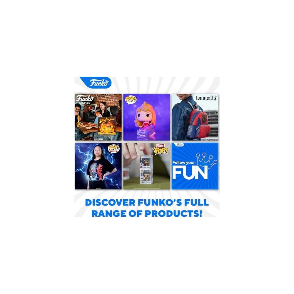 Collage de productos Funko: juegos de mesa, figuras y mochilas.