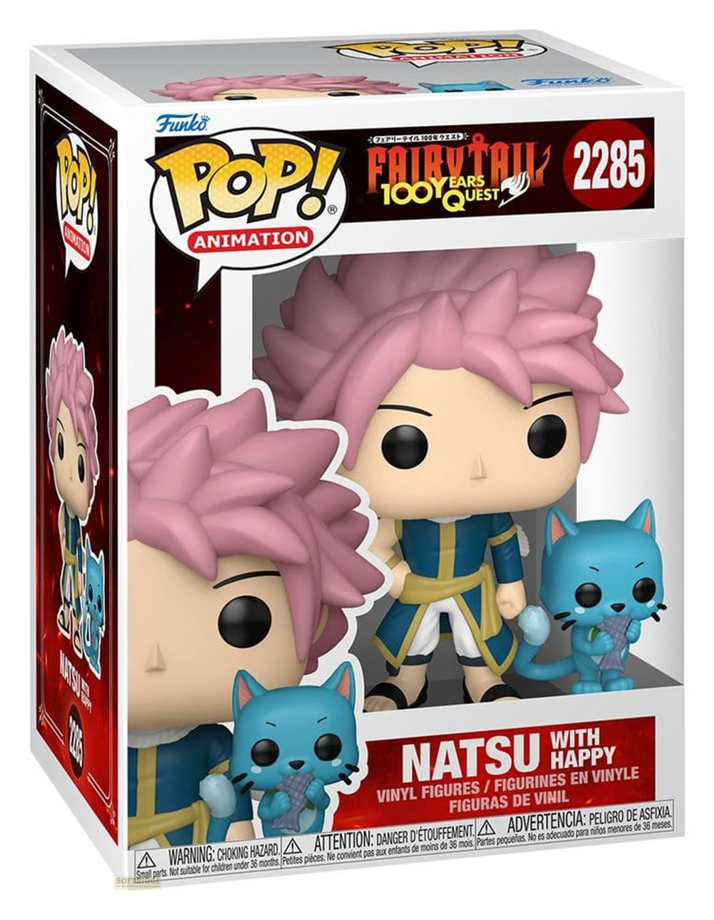 Figura Funko Pop Natsu con gato azul Happy, ambos sostienen peces.