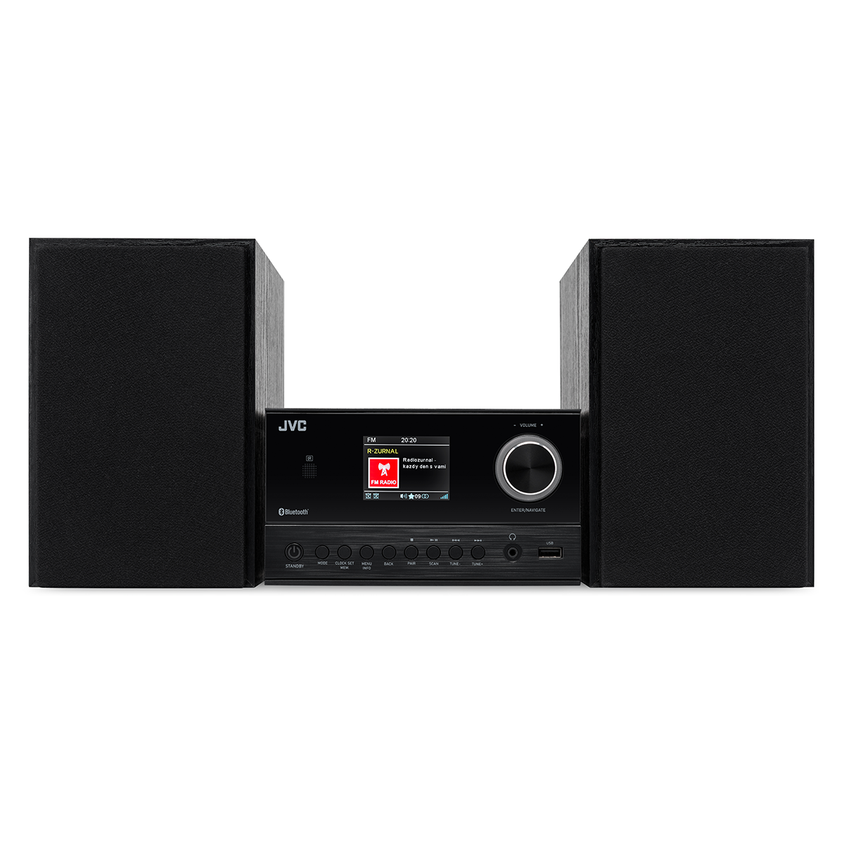 System stereo JVC z dwoma czarnymi głośnikami i centralną jednostką z ekranem.