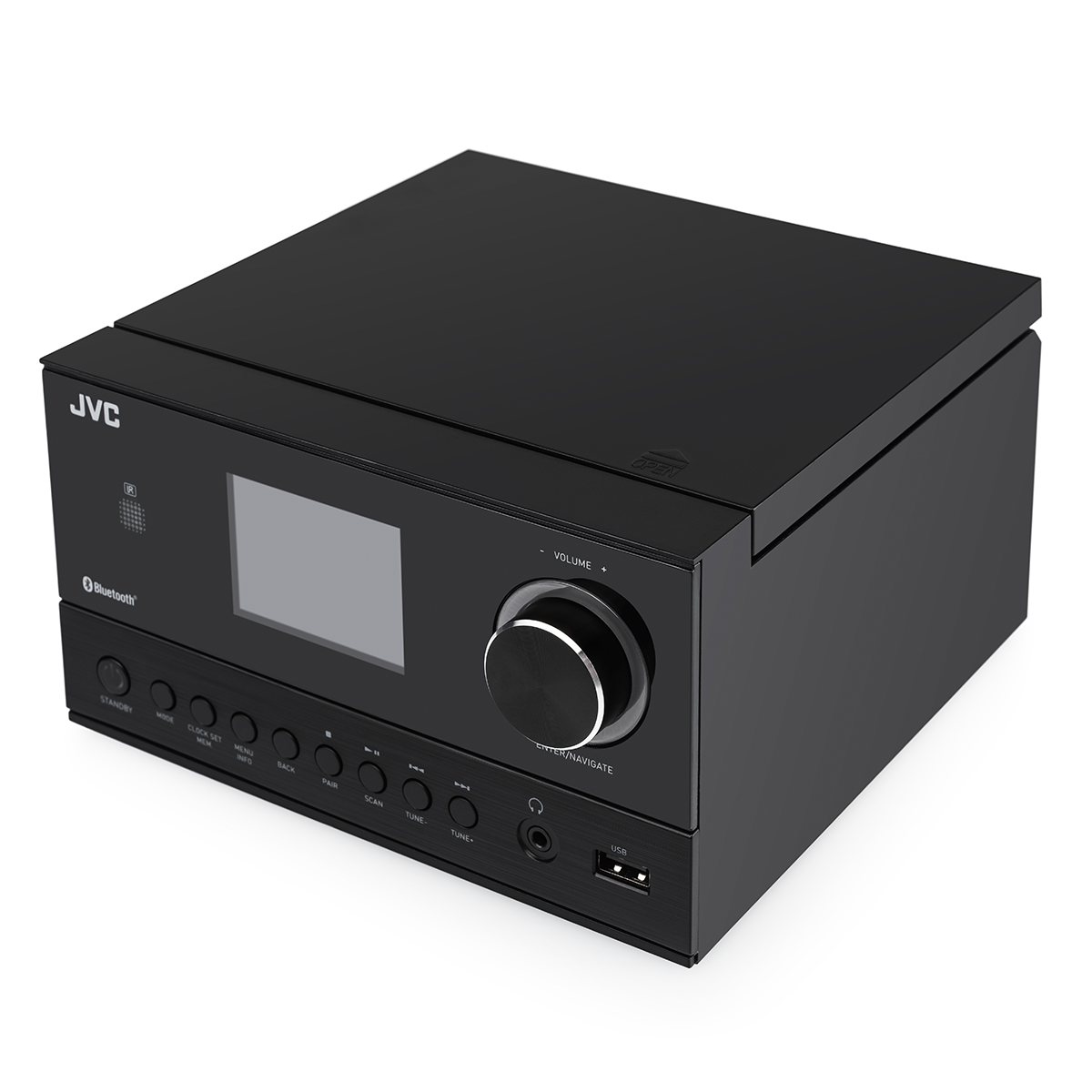 Czarny miniaturowy system JVC z ekranem, pokrętłem i przyciskami sterującymi.