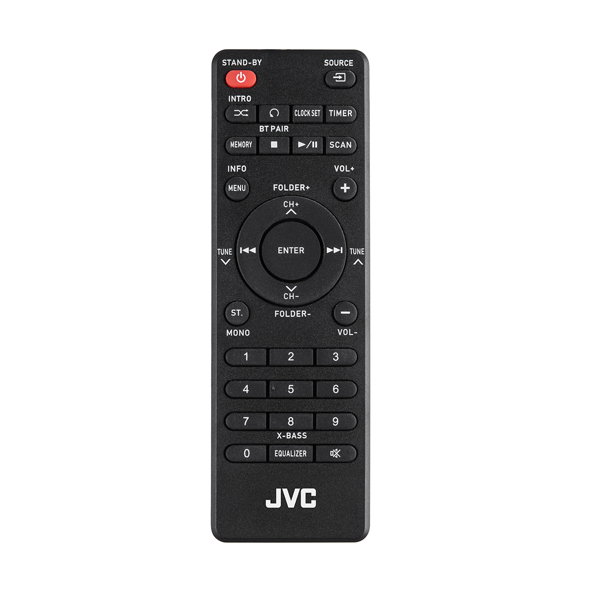 Czarny pilot JVC z klawiaturą numeryczną, nawigacją i przyciskami funkcyjnymi.