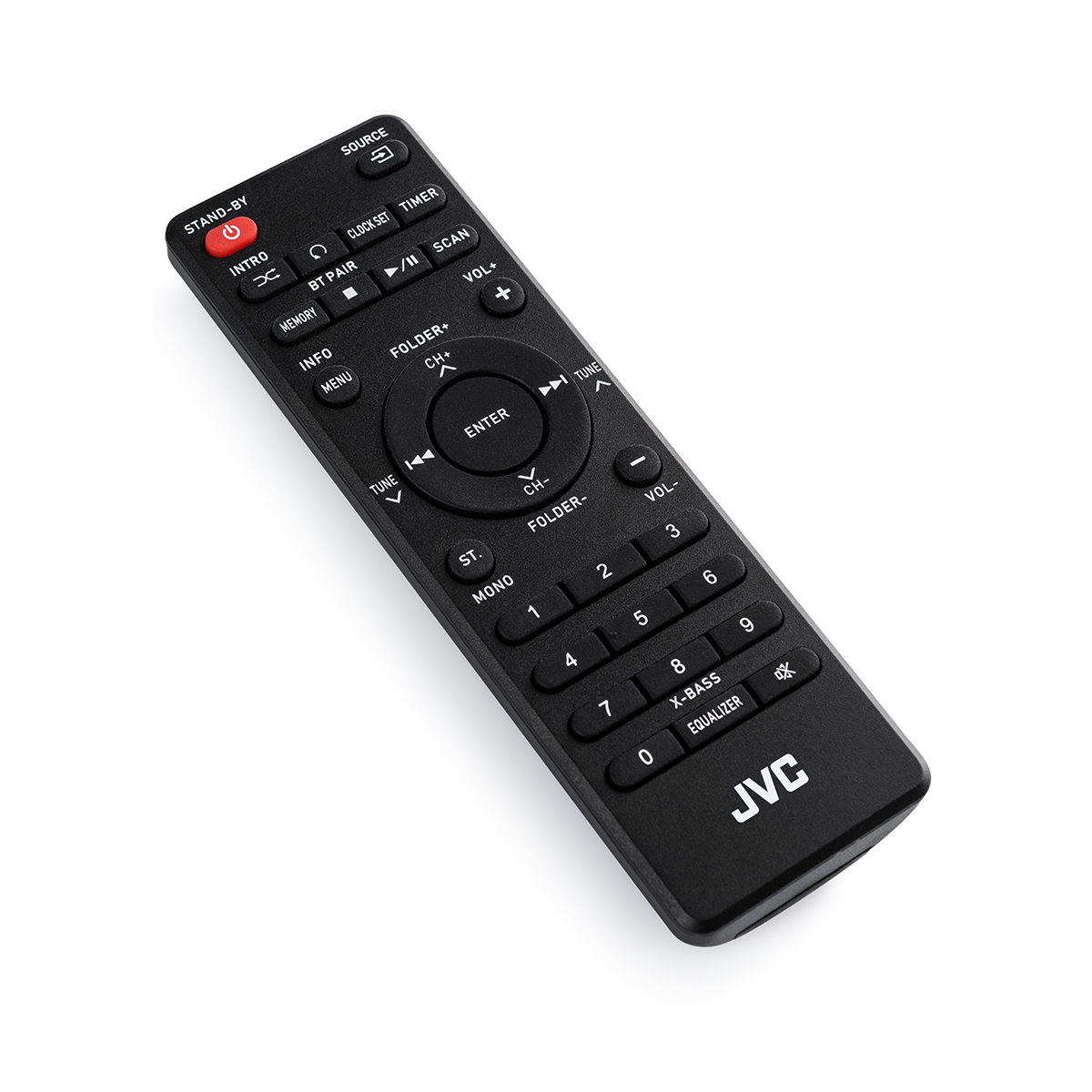 Czarny pilot JVC z przyciskami numerycznymi, panelem nawigacyjnym i klawiszami funkcyjnymi.
