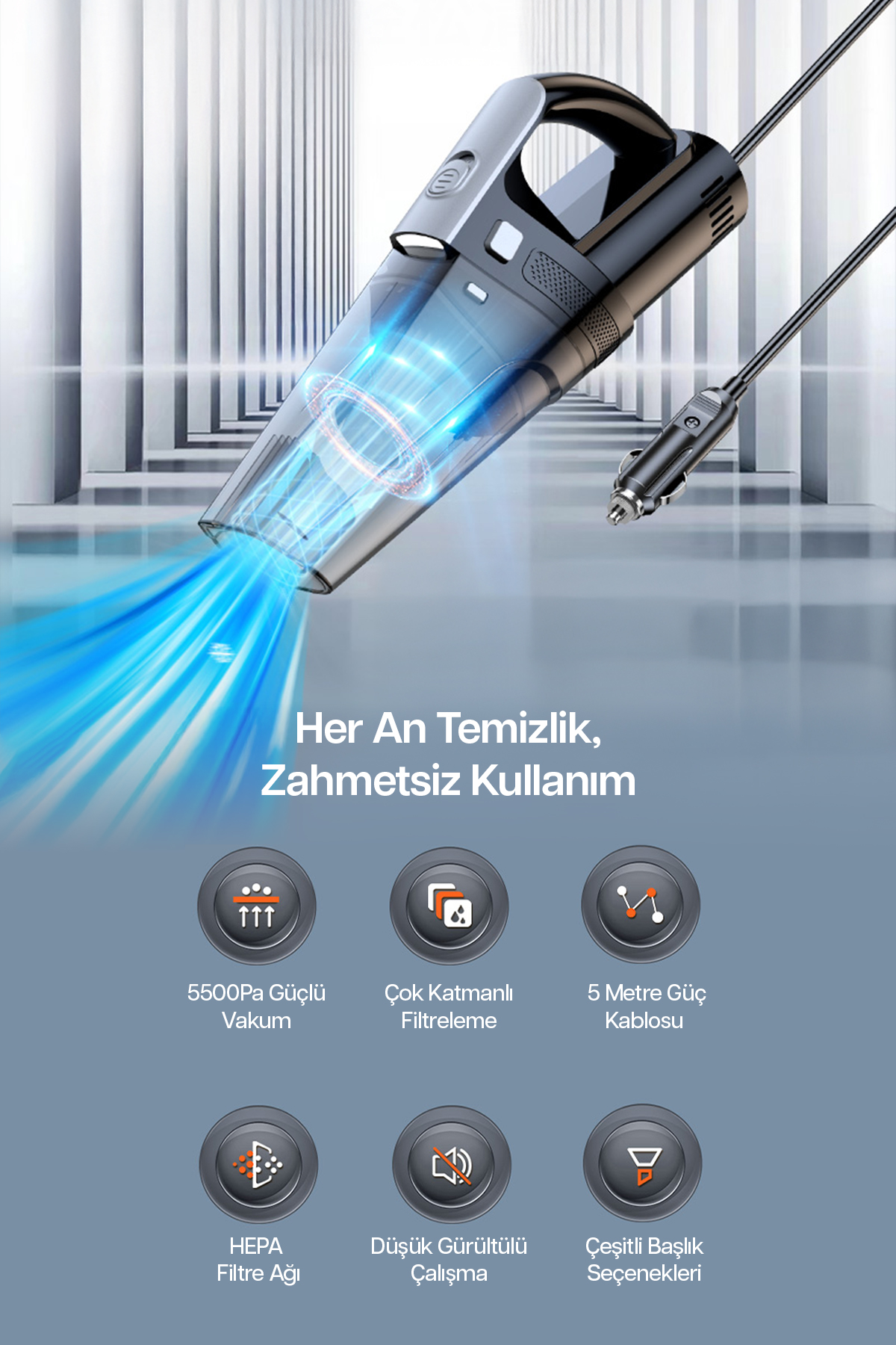 Mavi ışık efektli ve araç şarj cihazı fişli taşınabilir el süpürgesi.