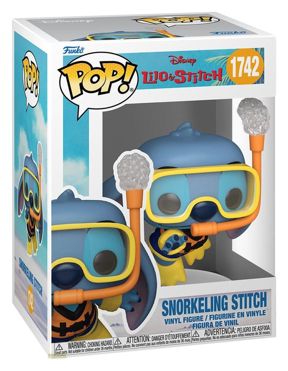 Figura Funko Pop! de vinilo de Stitch con equipo de snorkel sobre fondo azul.