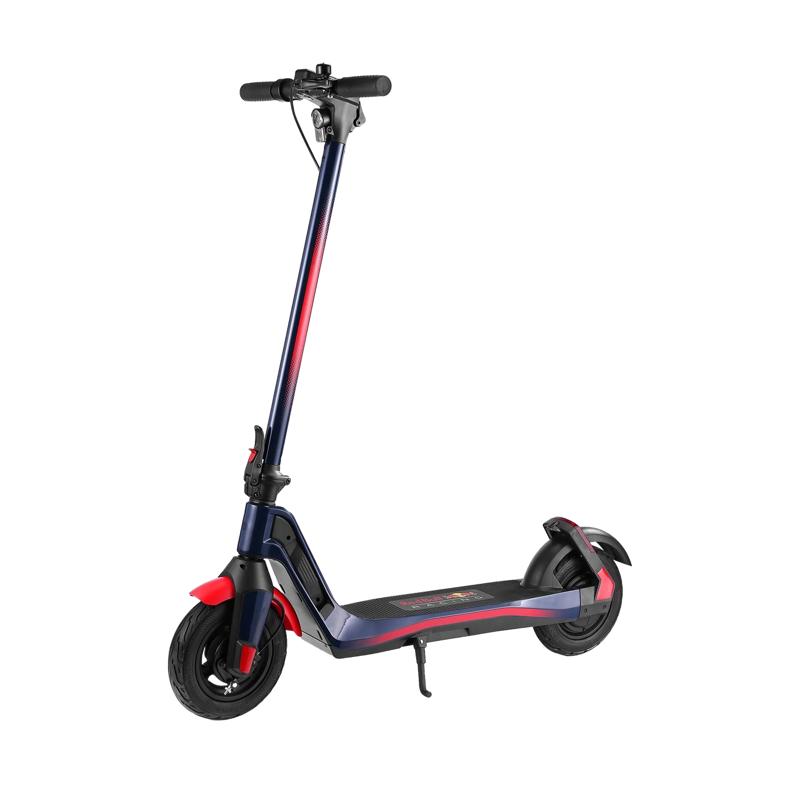 Dunkelblaues E-Scooter mit roten Akzenten und Red Bull Logo.