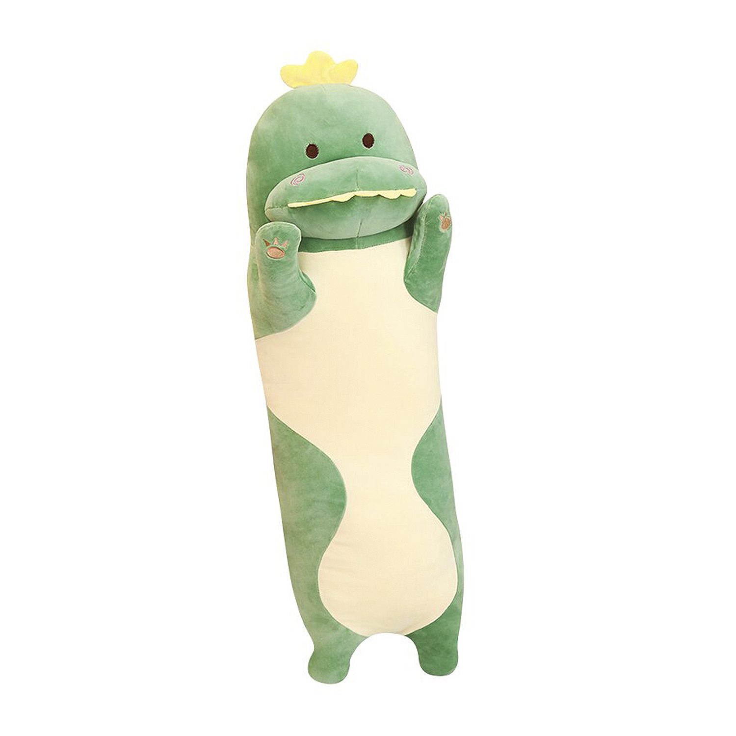 Un dinosauro di peluche verde e lungo con corona gialla e pancia beige chiaro.