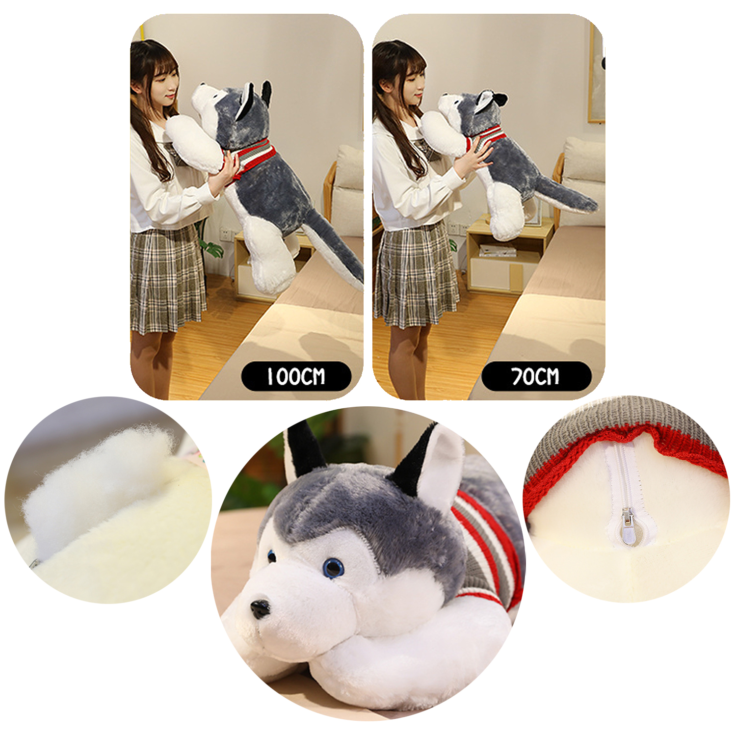 Una ragazza tiene un peluche husky. Vengono mostrate le taglie 100cm e 70cm.