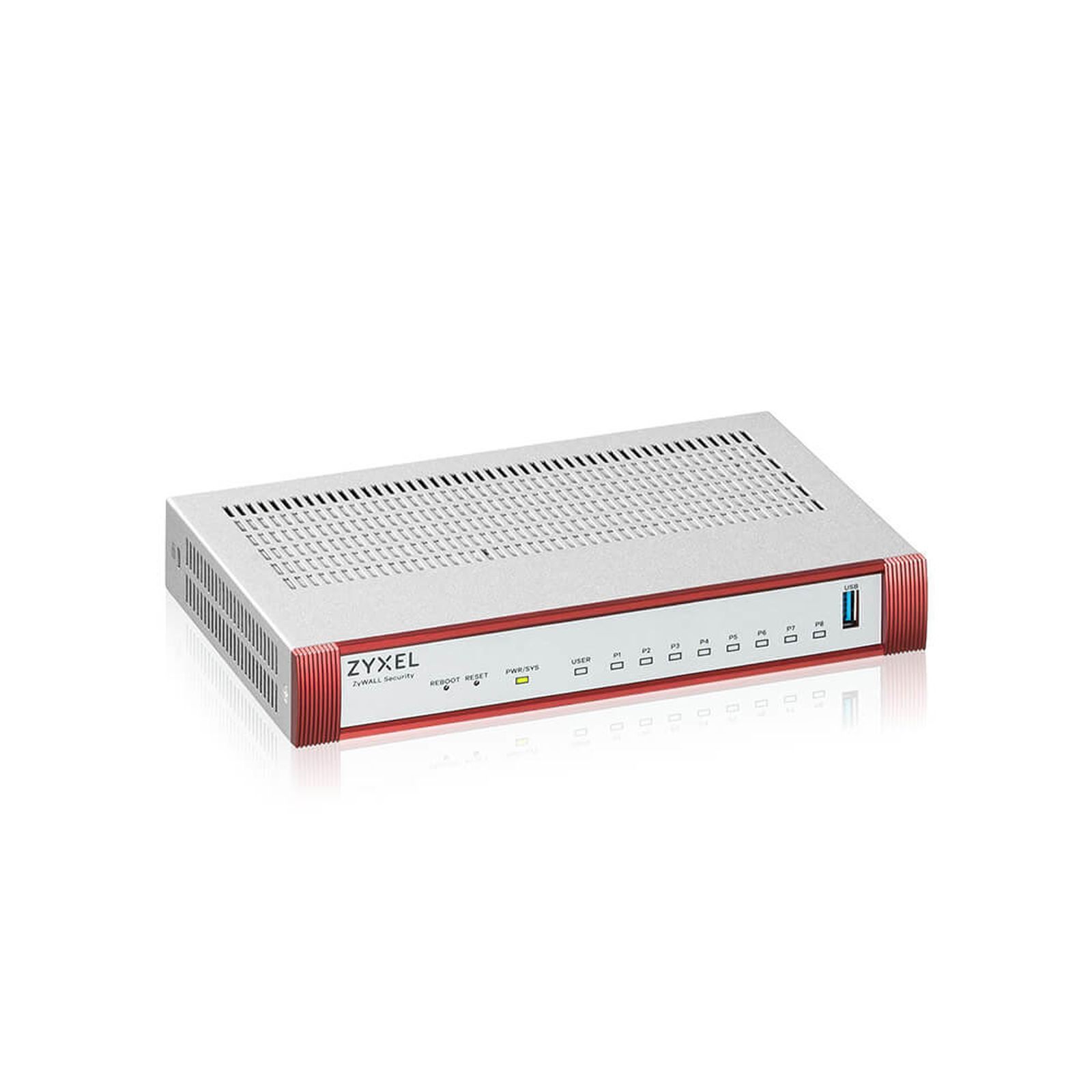 Srebrny router Zyxel ZyWALL Security z czerwonymi akcentami i portami.