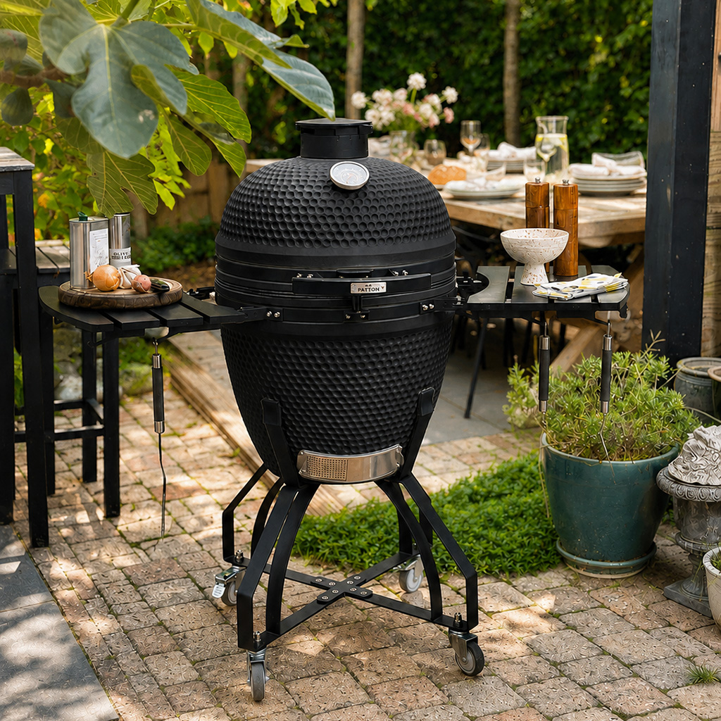 A black ceramic grill sits on a stand in a garden setting. There's a table with place settings in the background.