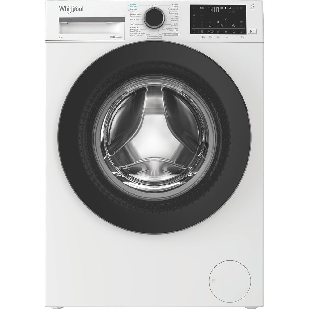 White washing machine with a black door and control panel with digital display.