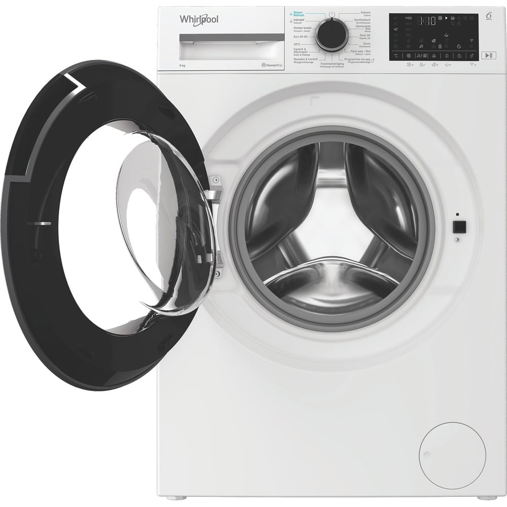 White Whirlpool washing machine with open black door and silver drum.