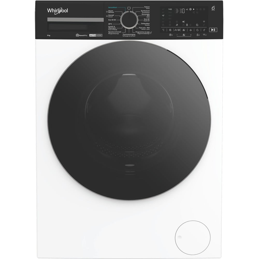 A white Whirlpool washing machine with a black door and control panel.