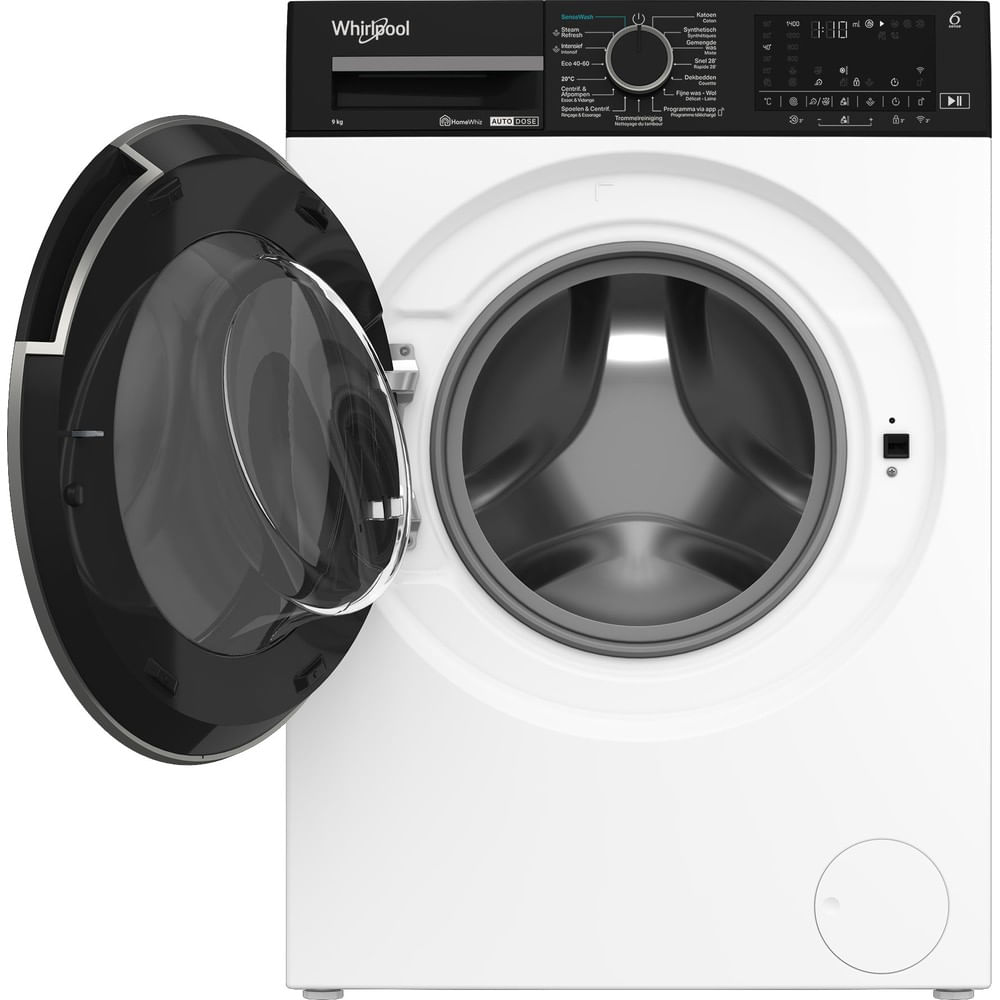 White Whirlpool washing machine with open black door and control panel.