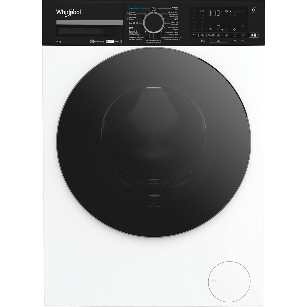 A white Whirlpool washing machine with a black door and control panel.