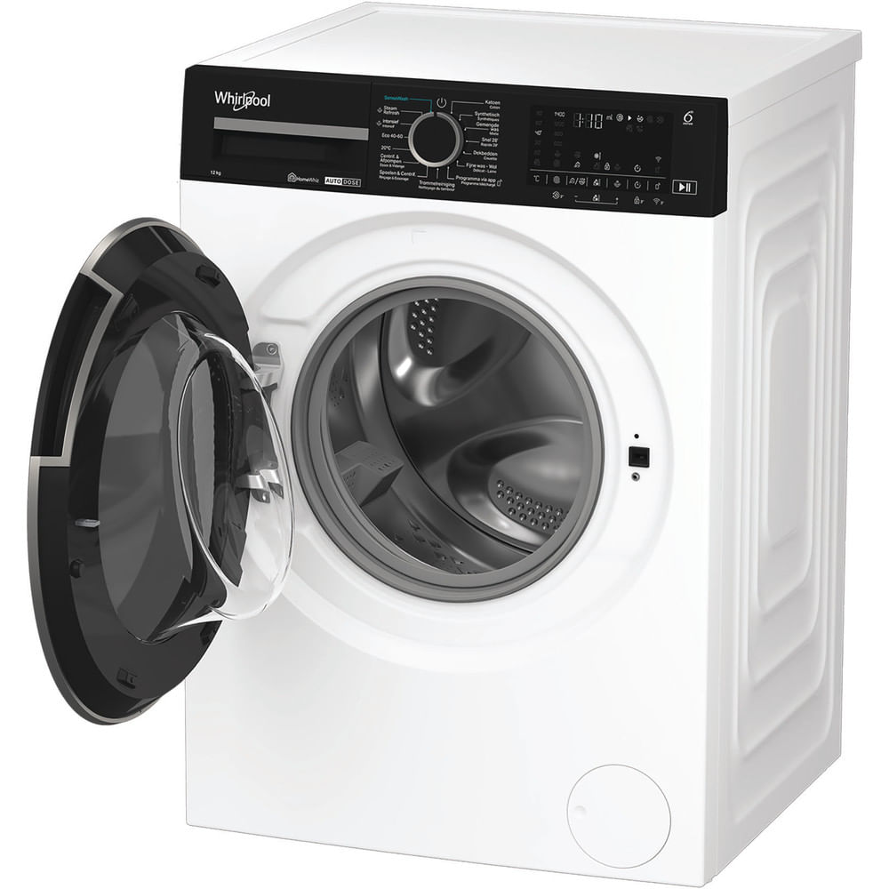 A white Whirlpool washing machine with its door open, showing the silver drum.
