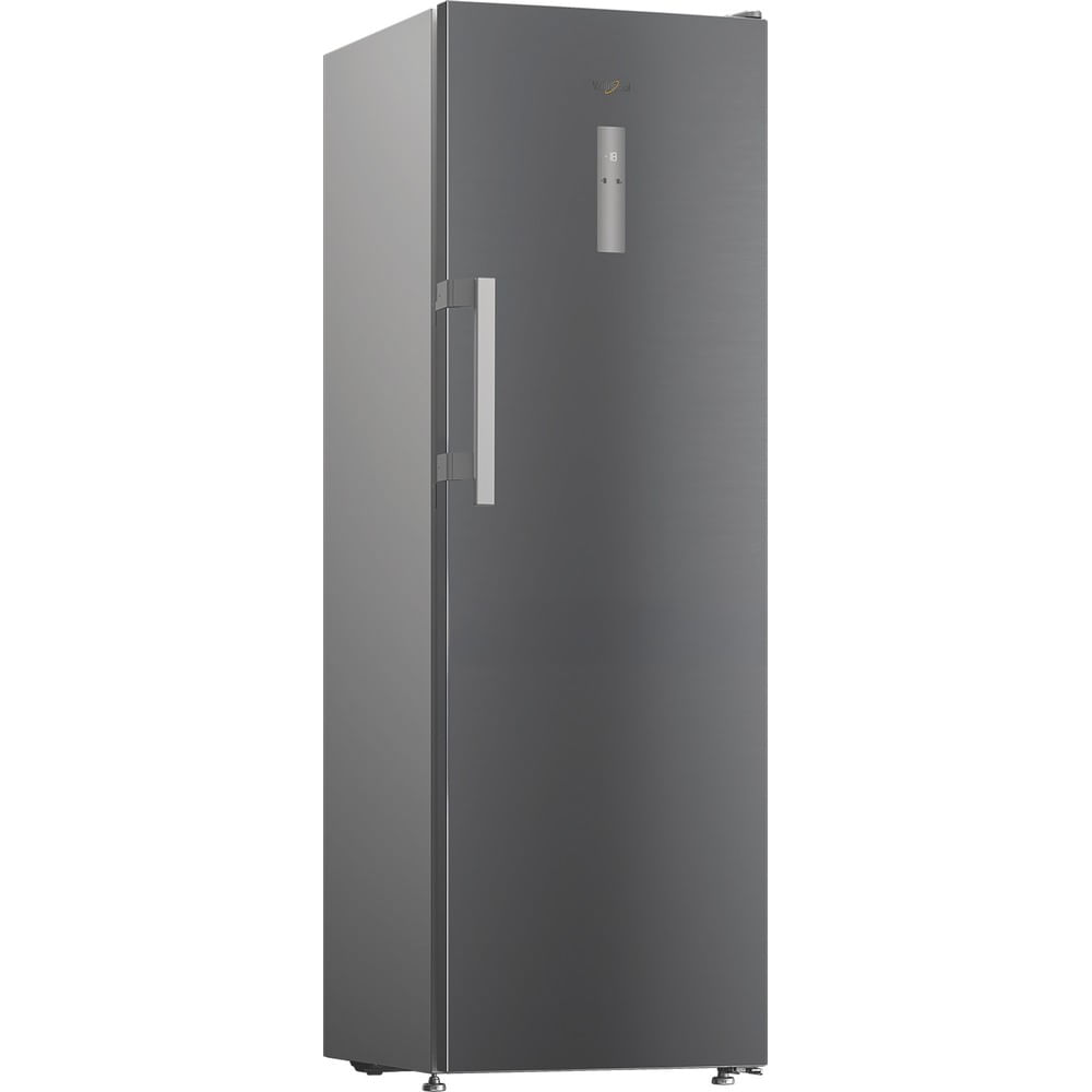 A tall, gray refrigerator with a vertical handle and a digital display showing -8.