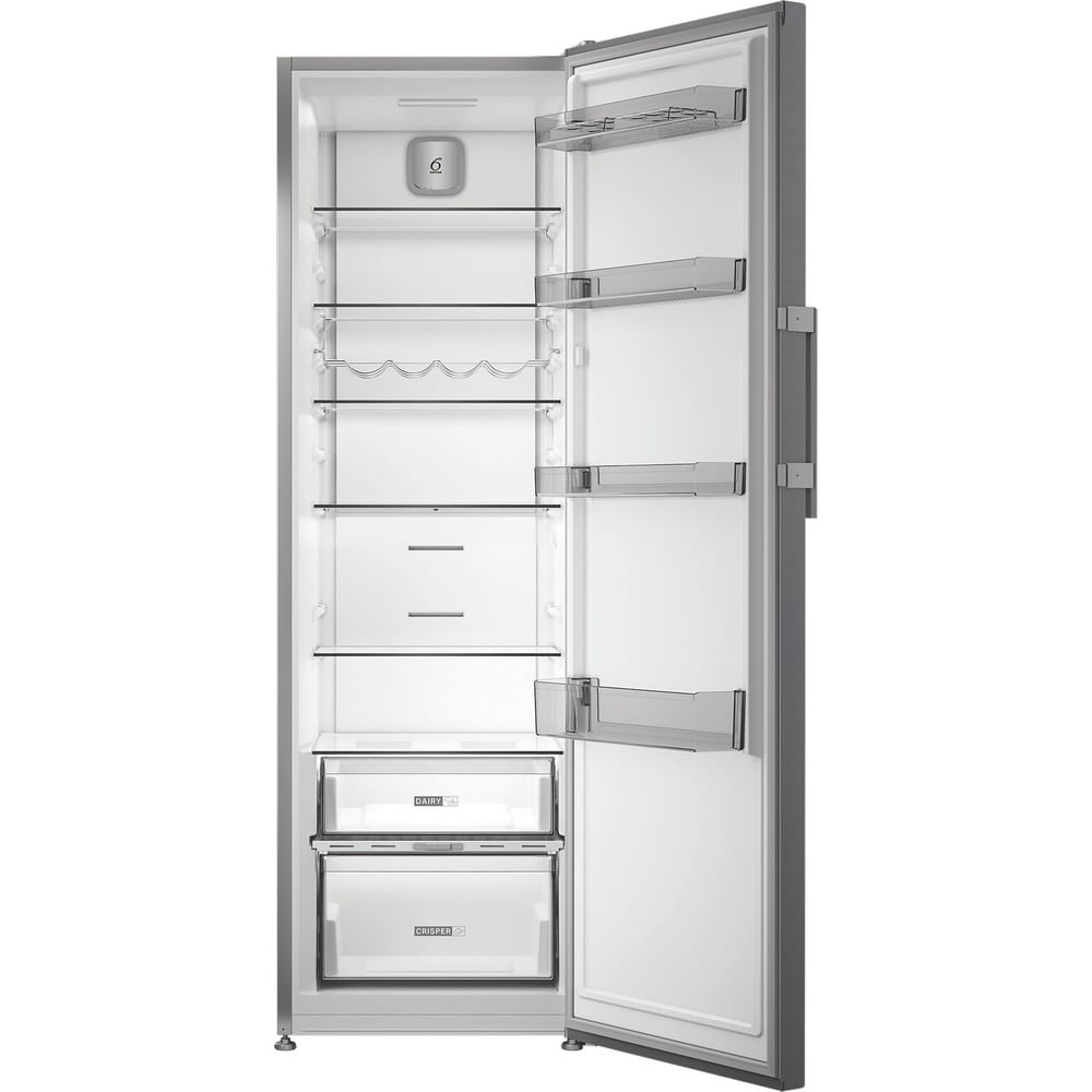 An empty, open refrigerator with glass shelves, drawers, and door compartments.