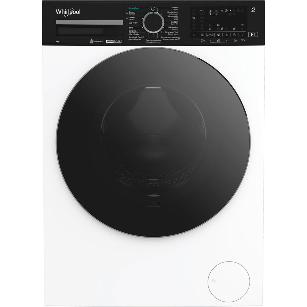 A white Whirlpool washing machine with a black door and control panel.