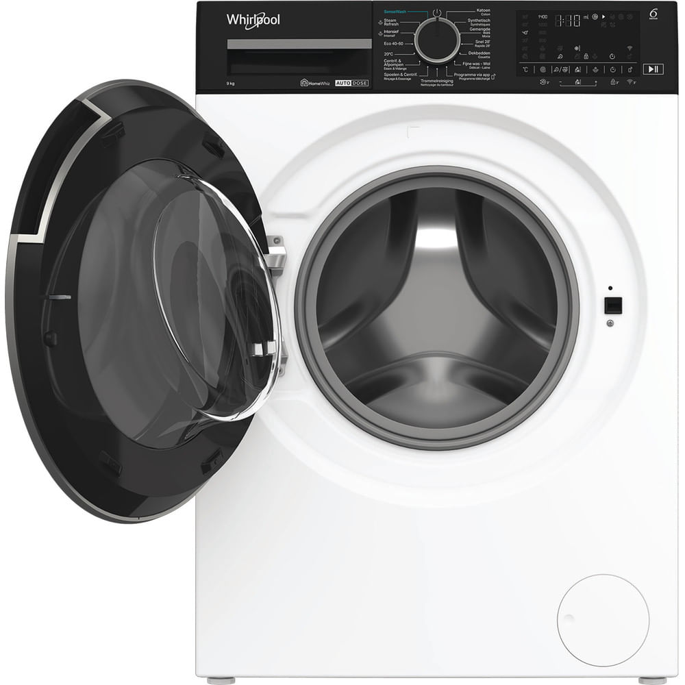 A white Whirlpool washing machine with its black door open, revealing a silver drum.