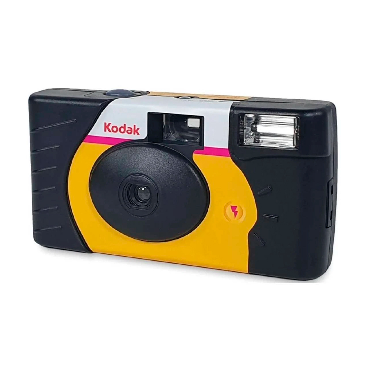 Een zwarte Kodak wegwerpcamera met een gele en roze voorkant.