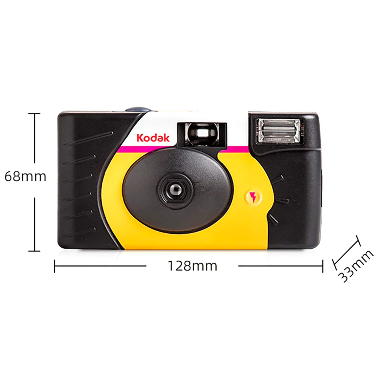 Zwarte Kodak camera met gele en roze accenten. Afmetingen: 128x68x33mm.
