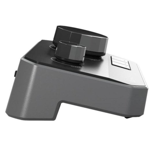 Dispositivo di controllo grigio con due manopole e tre pulsanti.