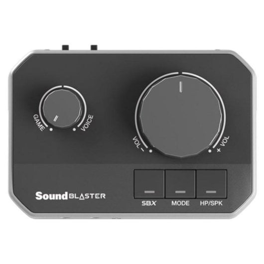 Dispositivo audio Sound Blaster nero con due manopole e tre pulsanti.