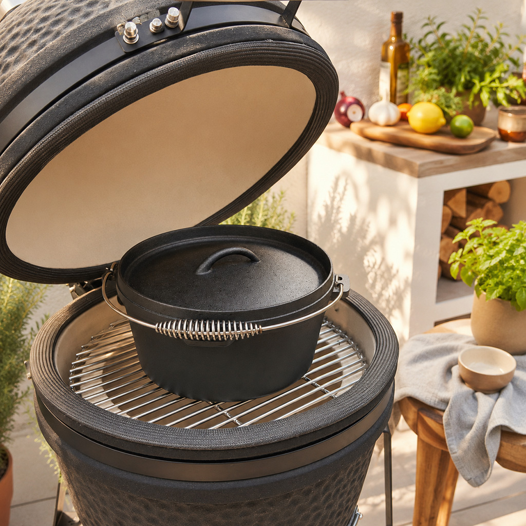 Open grill met zwart gietijzeren pot op rooster. Buitenkeuken setting.