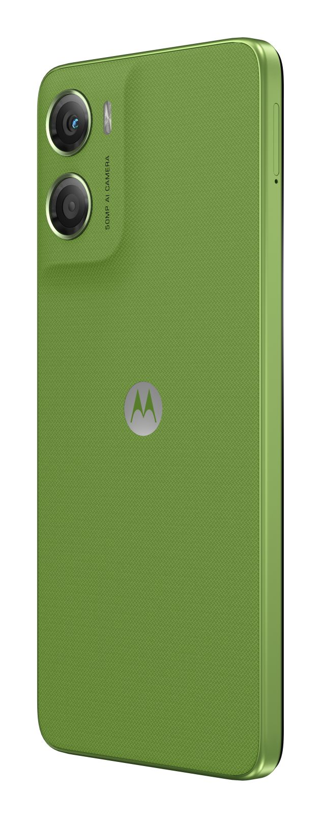 Smartphone vert avec double appareil photo et logo Motorola.