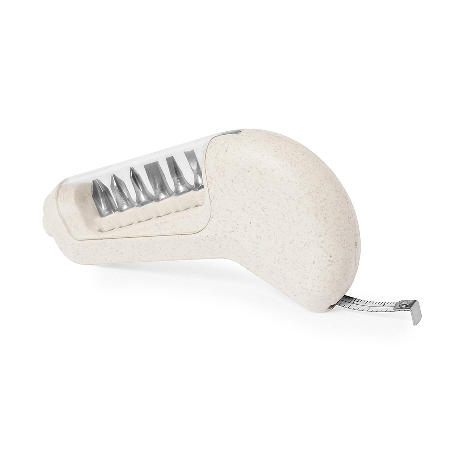 Un cacciavite beige con vano trasparente per punte e metro a nastro.