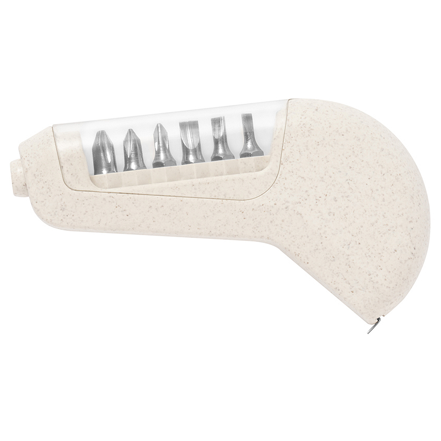 Un manico di cacciavite beige con sei punte in un astuccio trasparente.