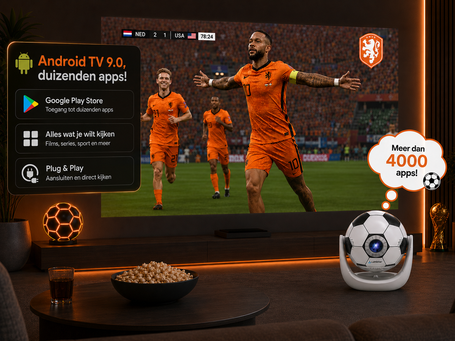Ein Fußballspiel wird auf einem Android TV gezeigt, mit Informationen zu Apps.
