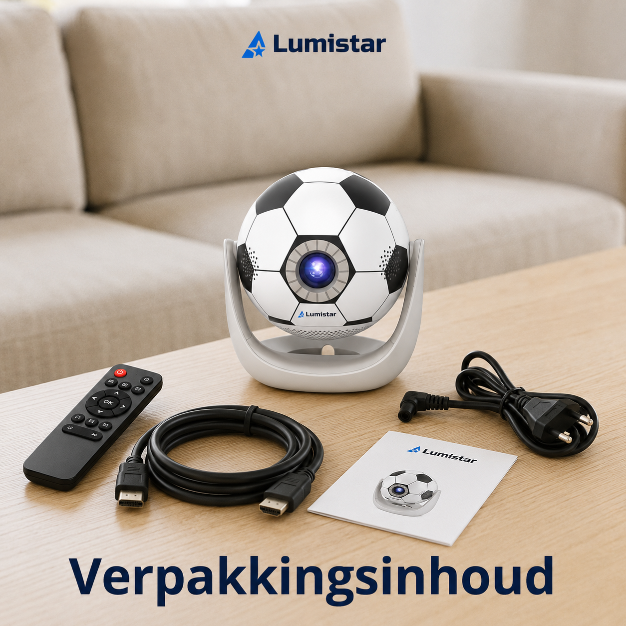 Fußball-Projektor mit Fernbedienung, Kabeln und Anleitung auf einem Holztisch.
