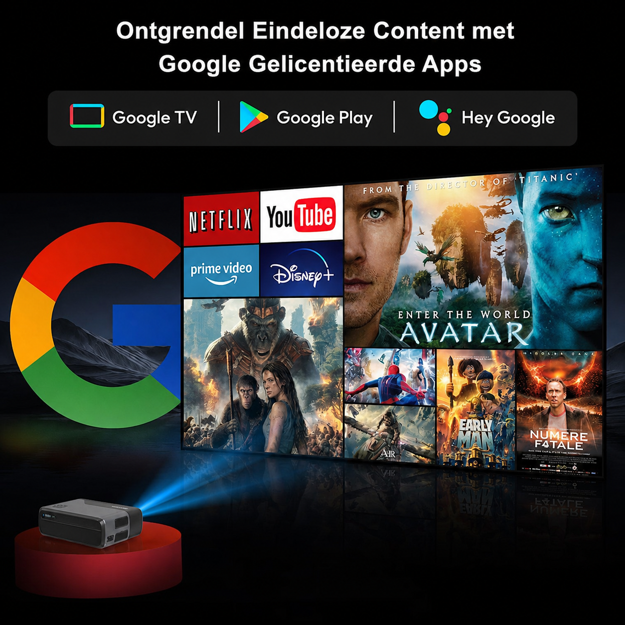 Een projector toont films en apps zoals Netflix en Disney+ op een scherm.
