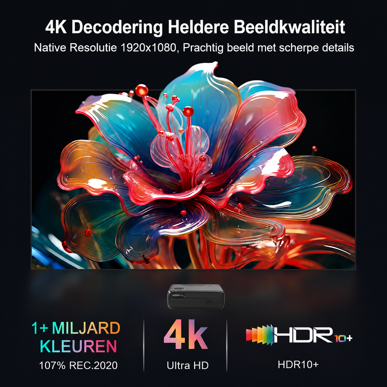Een projector toont een levendige, abstracte bloemafbeelding met 4K-resolutie.
