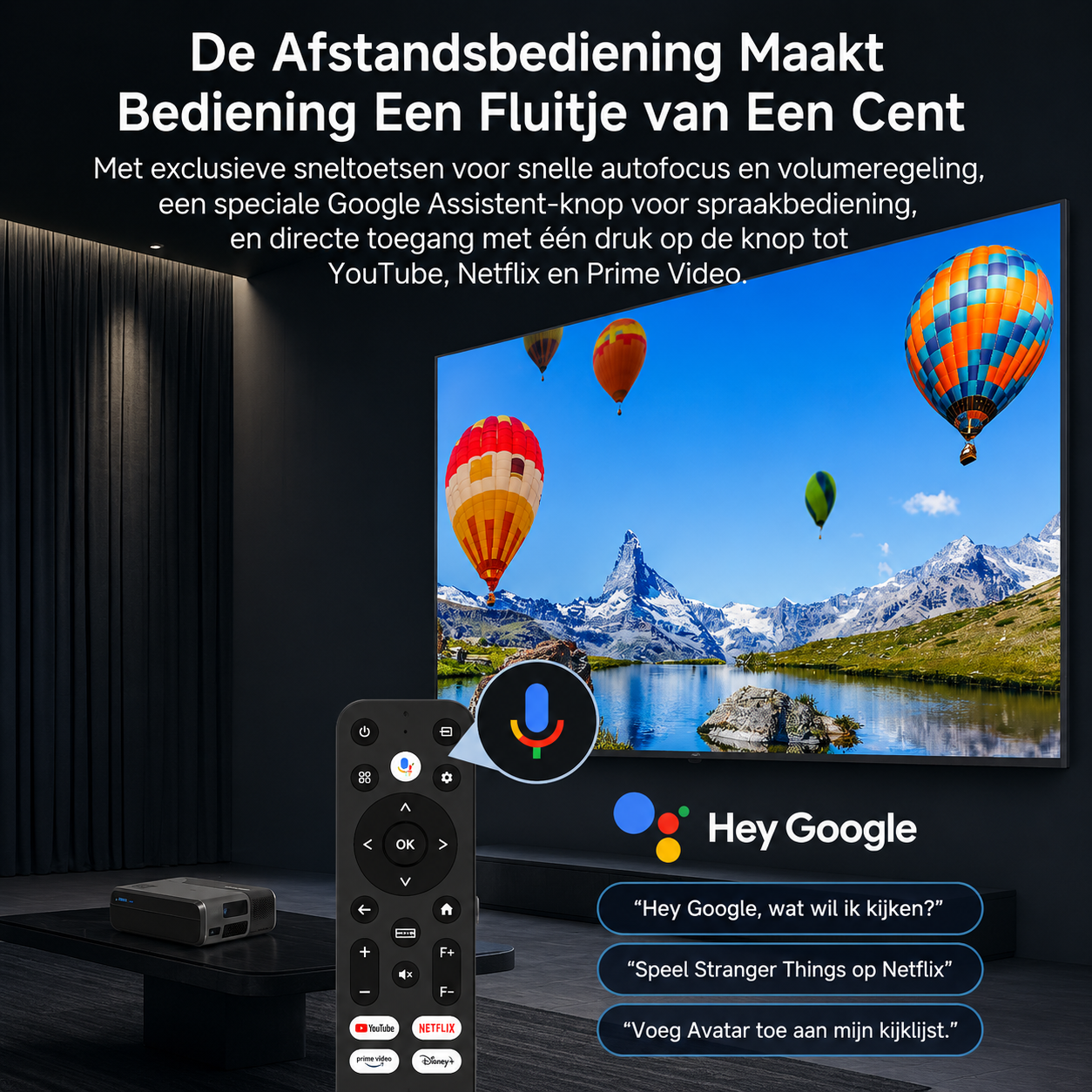 Een tv met het beeld van heteluchtballonnen boven bergen. Een afstandsbediening ervoor.