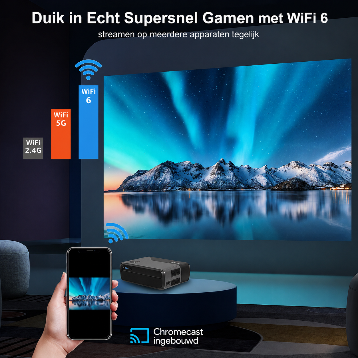 Smartphone toont noorderlicht boven bergen, naast projector en WiFi-info.
