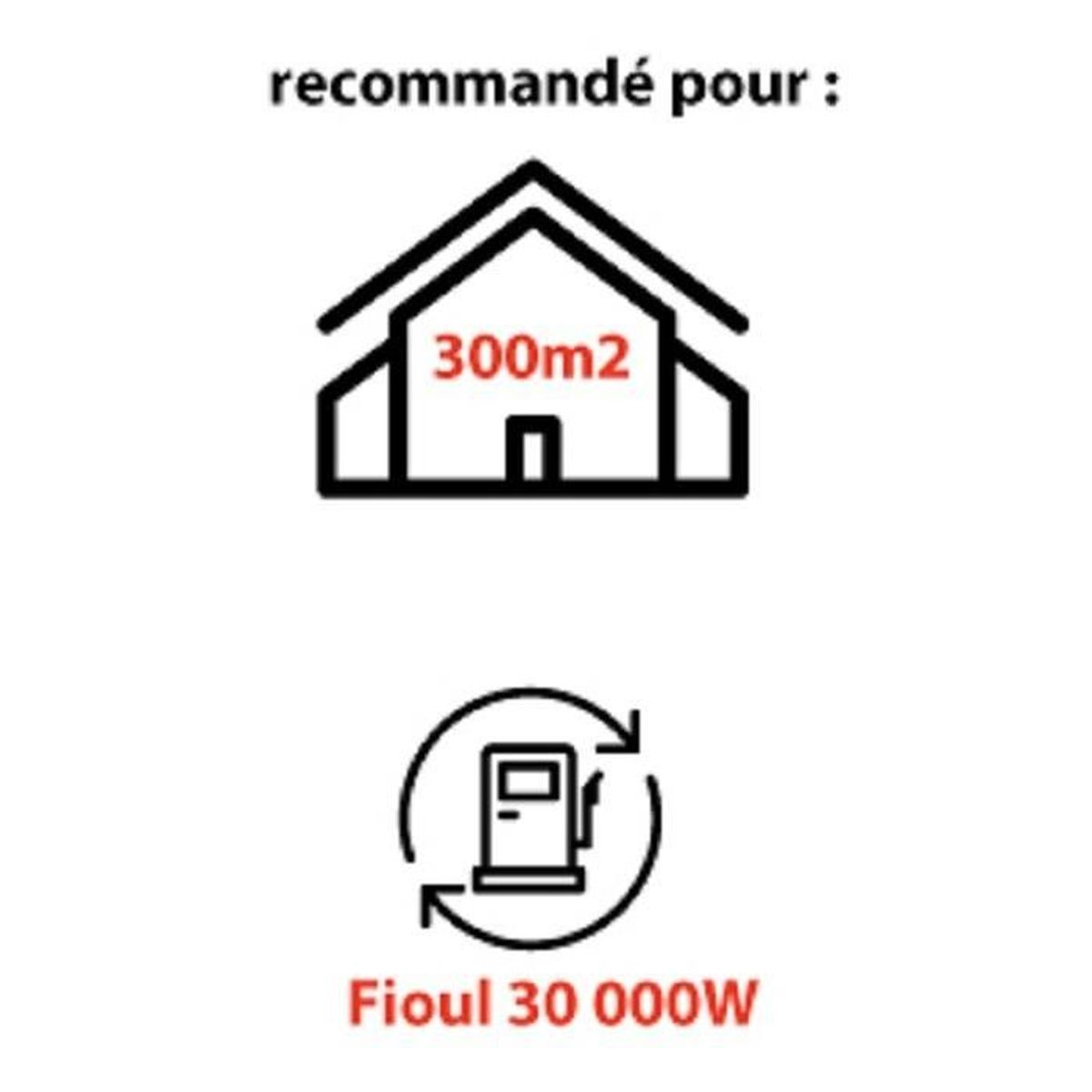 Haus-Symbol für 300m² und Zapfsäulen-Symbol für Heizöl 30.000W.