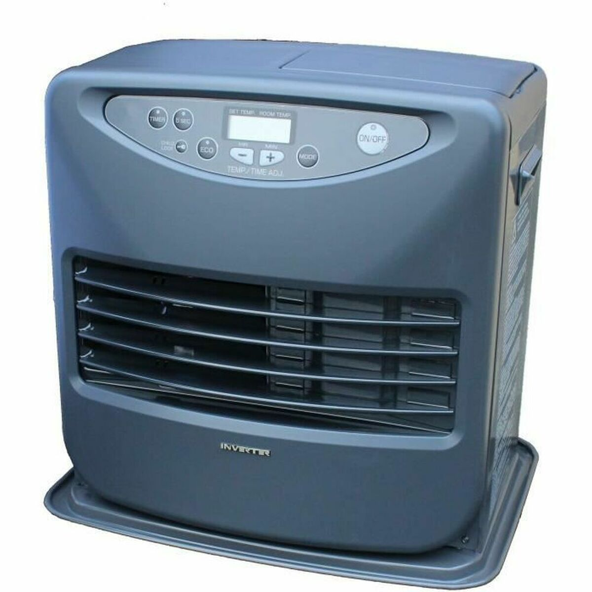 Stufa portatile grigia con pannello di controllo e alette di ventilazione.