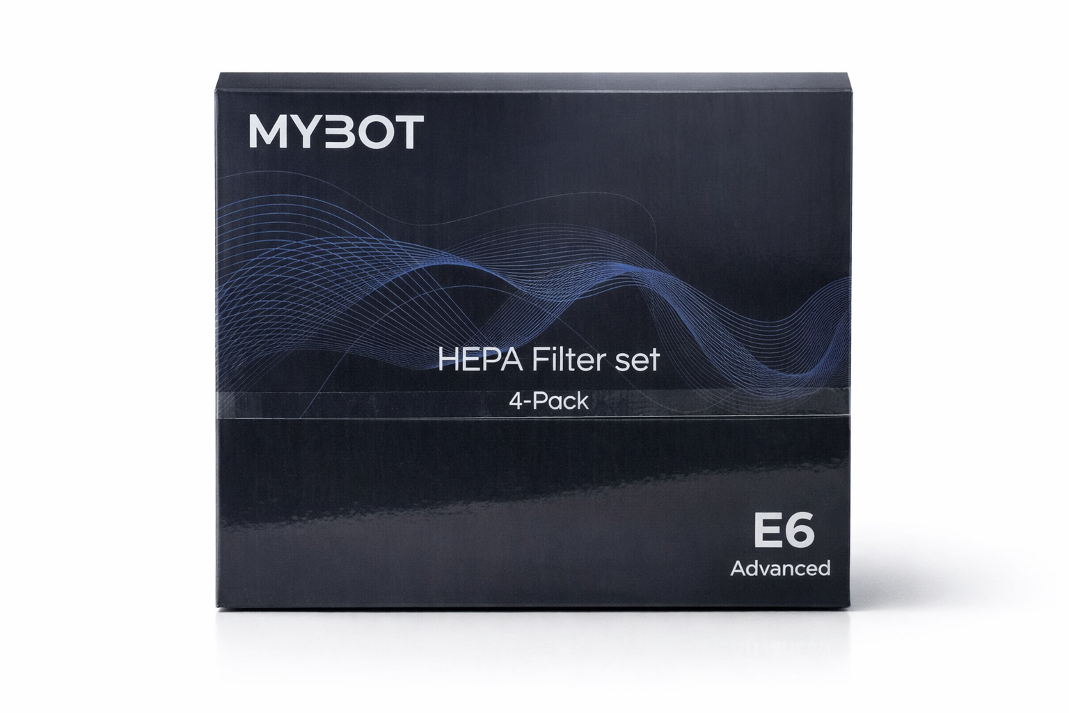 Dark blue box with MYBOT logo, HEPA Filter set, 4-Pack and E6 Advanced.